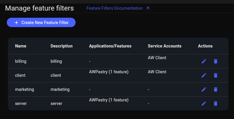 Feature Filters page