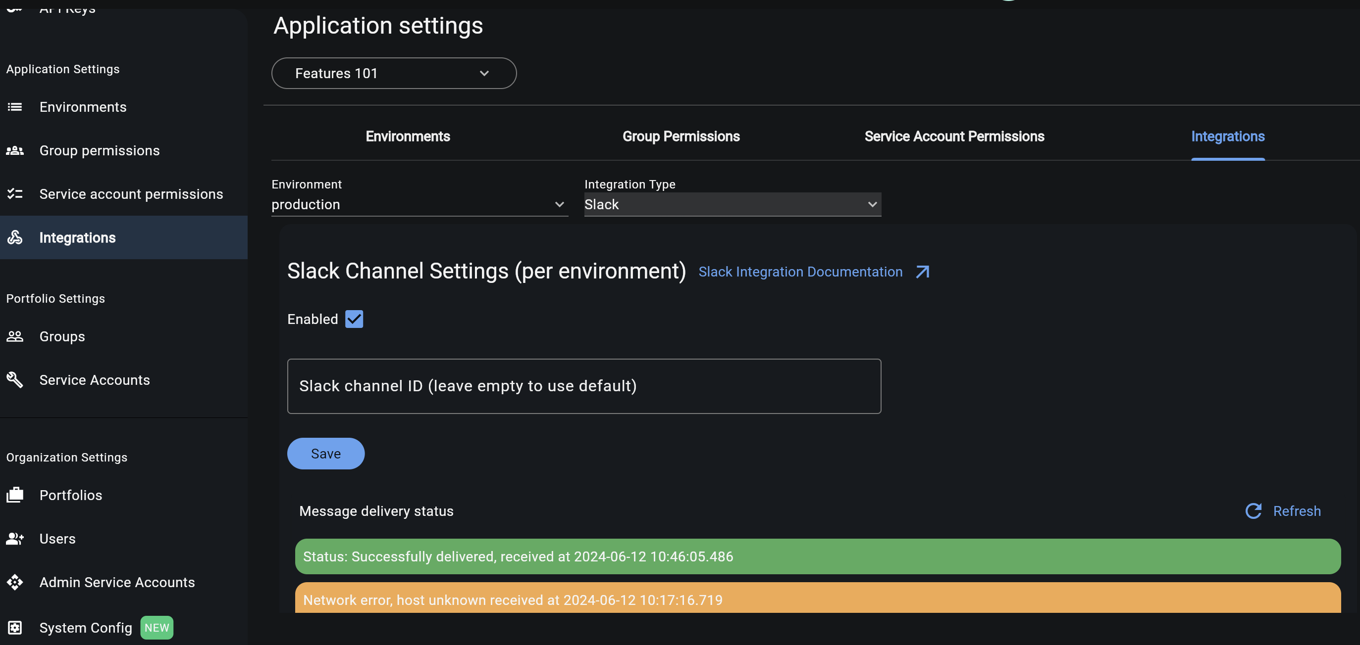 Slack per environment settings