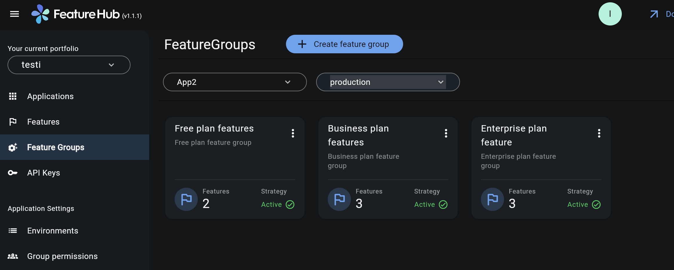 Feature Groups page